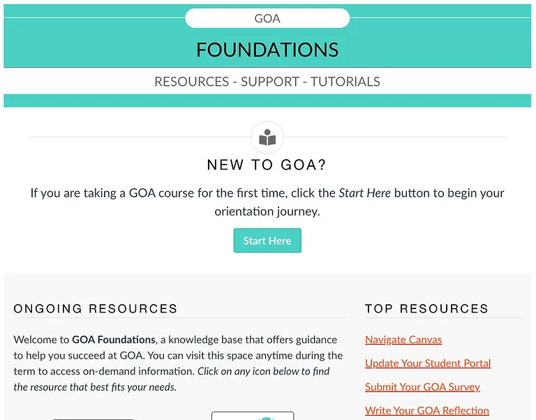 The shipped GOA Foundations page in Canvas, with a 'New to GOA?' section and a Start Here button above ongoing and top resources.