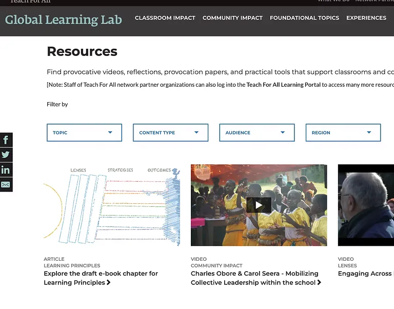 Resources library with filters for topic, content type, audience and region above article and video cards.